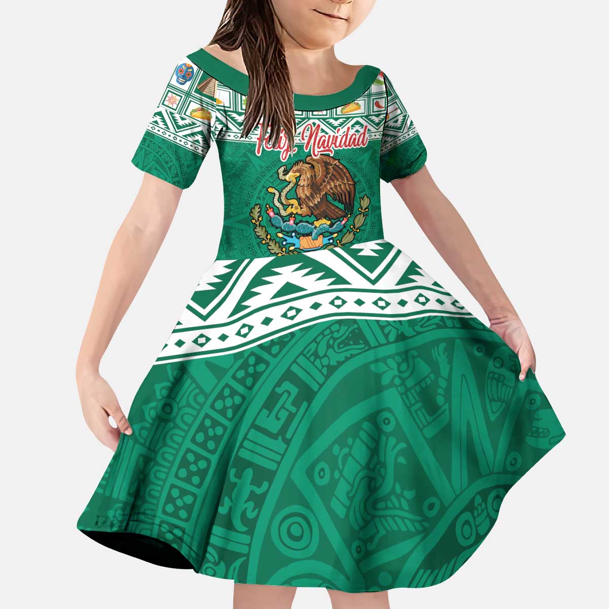 Personalized Mexico Christmas Kid Short Sleeve Dress Coat Of Arms With Aztec Mexican Patterns