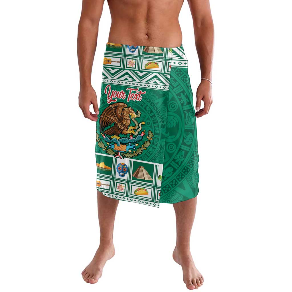 Green personalized wrap skirt with Aztec-style patterns and "Your Text" graphic