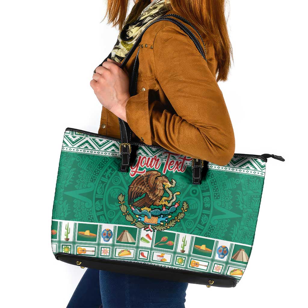 Personalized Mexico Christmas Leather Tote Bag Coat Of Arms With Aztec Mexican Patterns