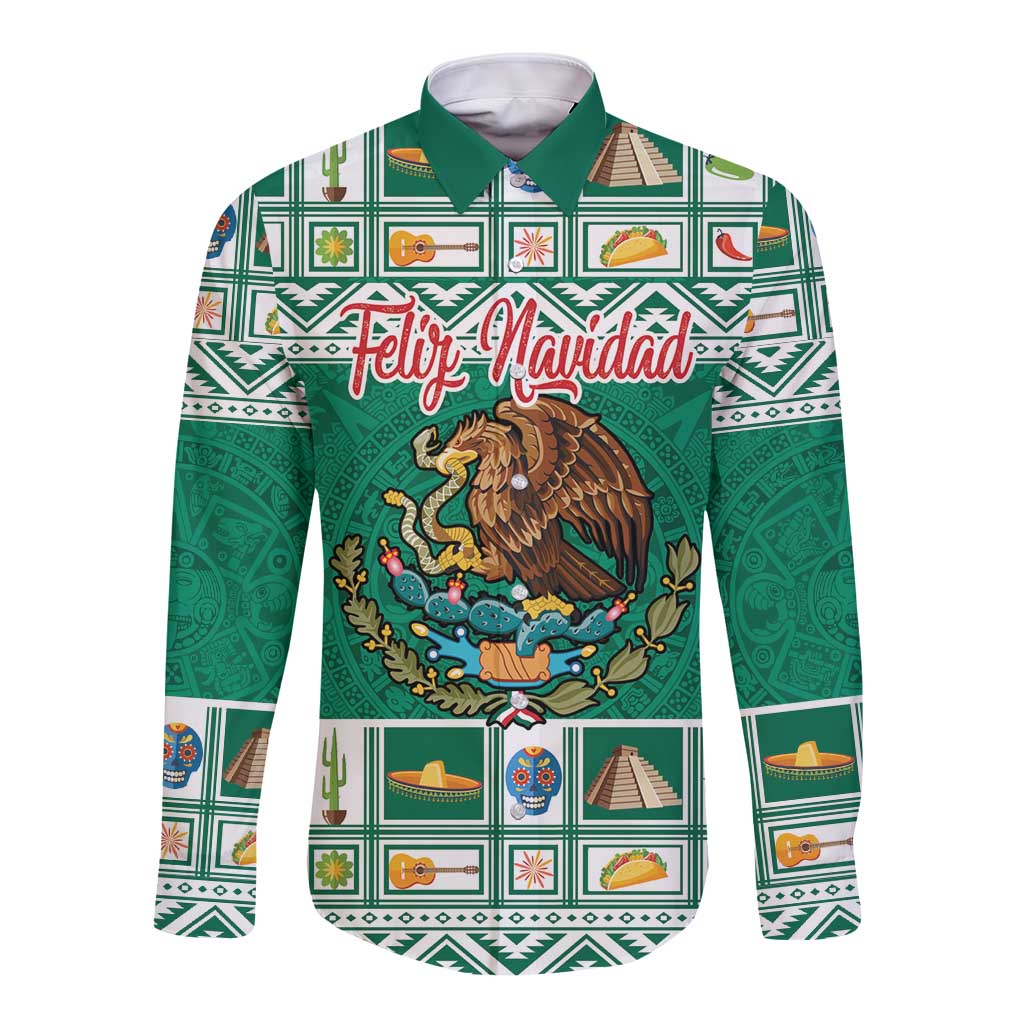 Green long-sleeve button shirt with festive Aztec patterns and eagle coat-of-arms