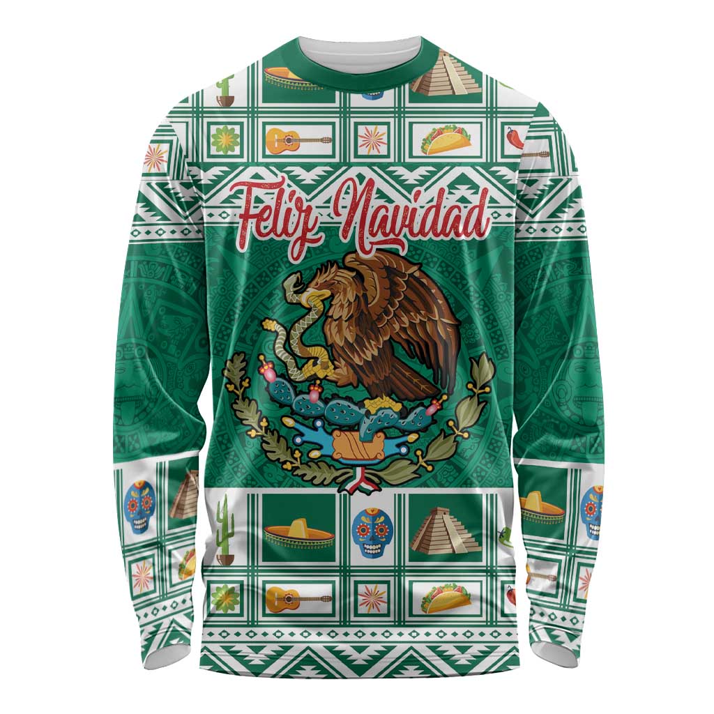 Personalized Mexico Christmas Long Sleeve Shirt Coat Of Arms With Aztec Mexican Patterns