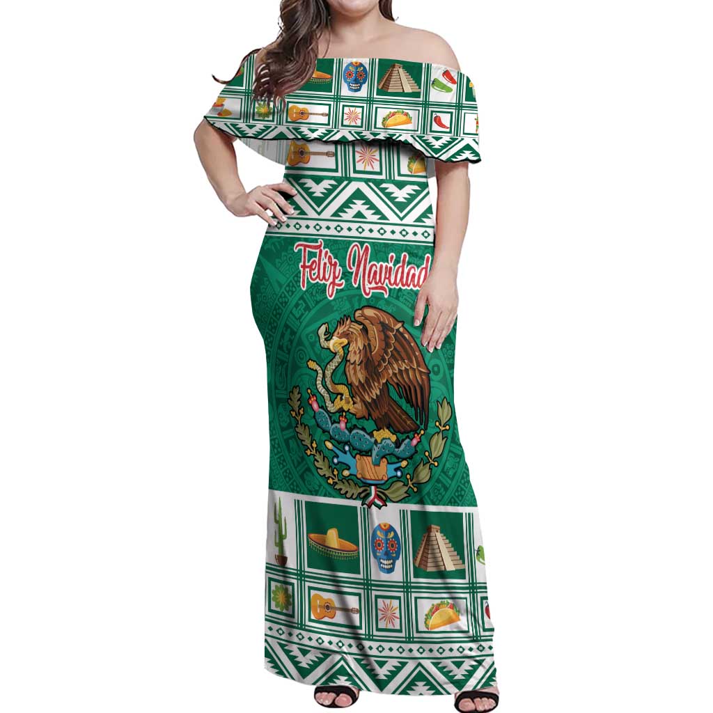 Personalized Mexico Christmas Off Shoulder Maxi Dress Coat Of Arms With Aztec Mexican Patterns