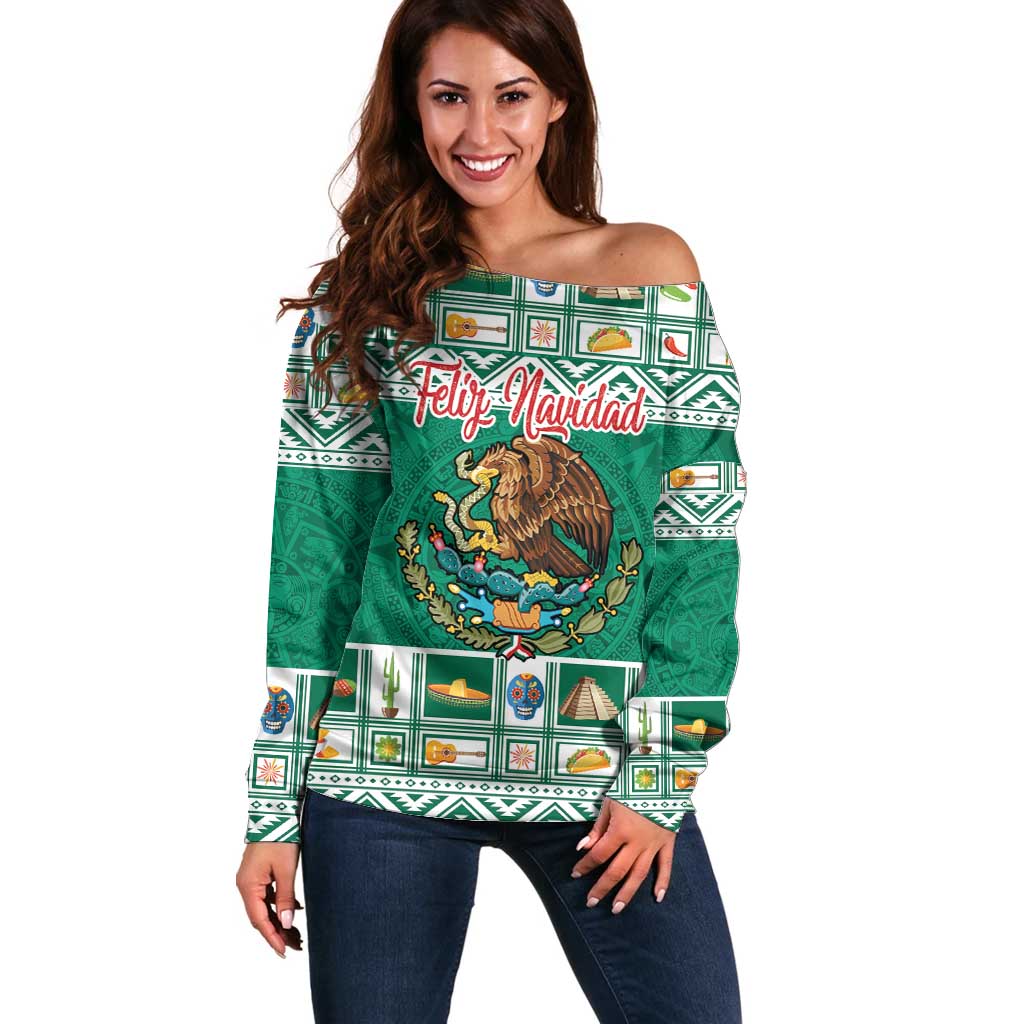 Personalized Mexico Christmas Off Shoulder Sweater Coat Of Arms With Aztec Mexican Patterns