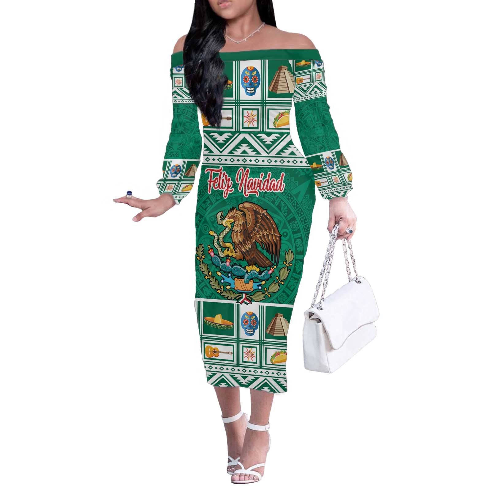 Personalized Mexico Christmas Off The Shoulder Long Sleeve Dress Coat Of Arms With Aztec Mexican Patterns