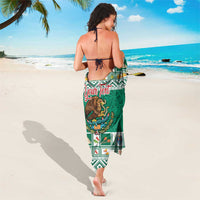 Green personalized sarong coat with Aztec patterns, back view with 'Your Text'