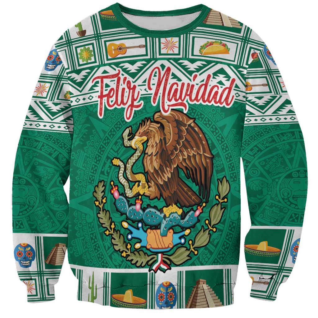 Unisex green Christmas sweatshirt, crew neck, long sleeves, Feliz Navidad front print