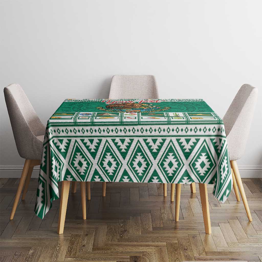 Green tablecloth with Aztec diamond pattern border for dining table