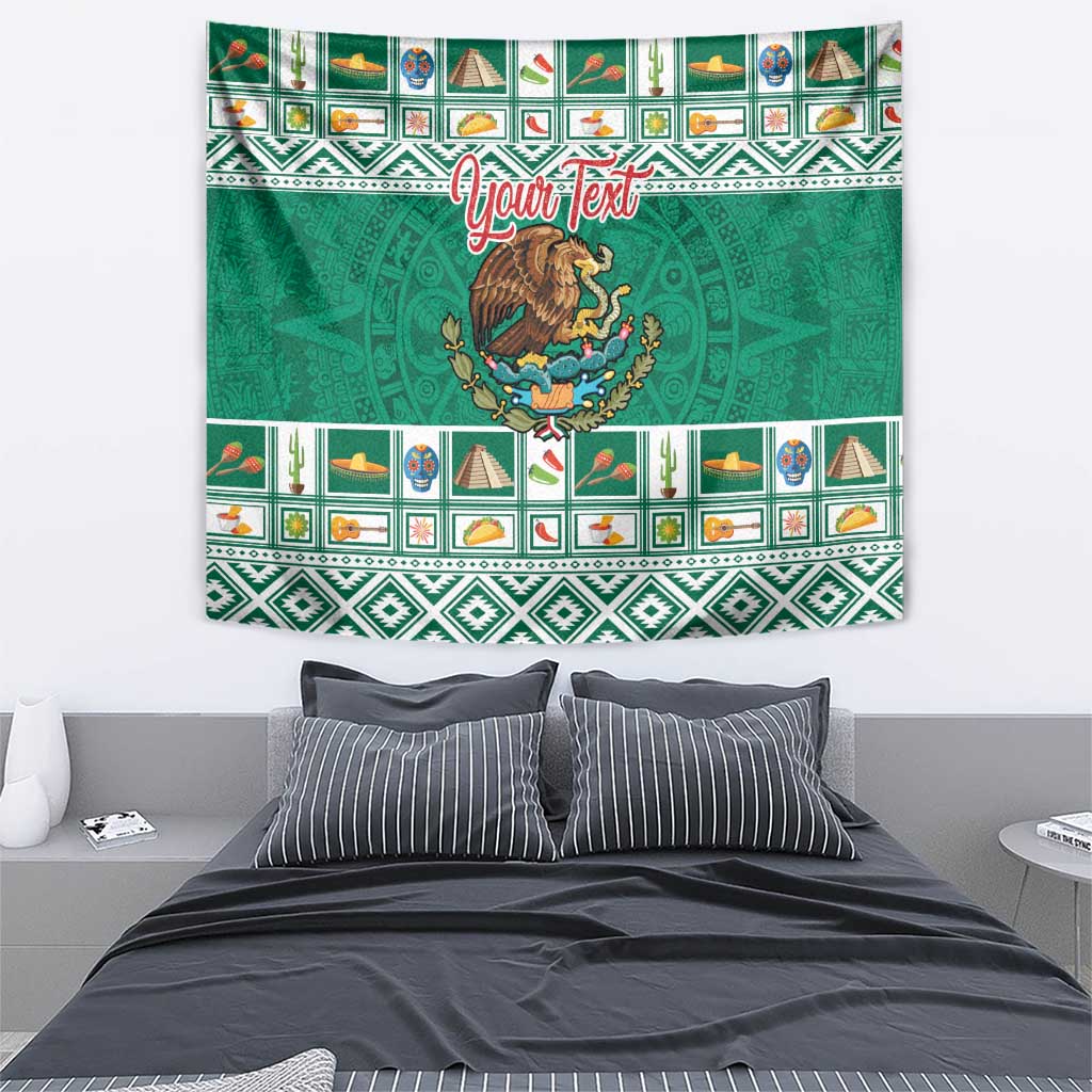 Rectangular green tapestry with central coat of arms and decorative Aztec-style stripes