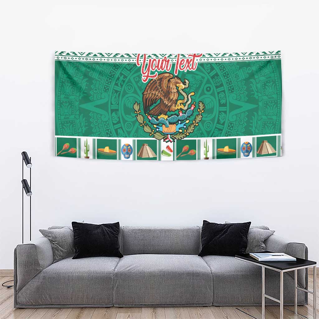 Green rectangular tapestry with central coat of arms and festive Aztec-style pattern band