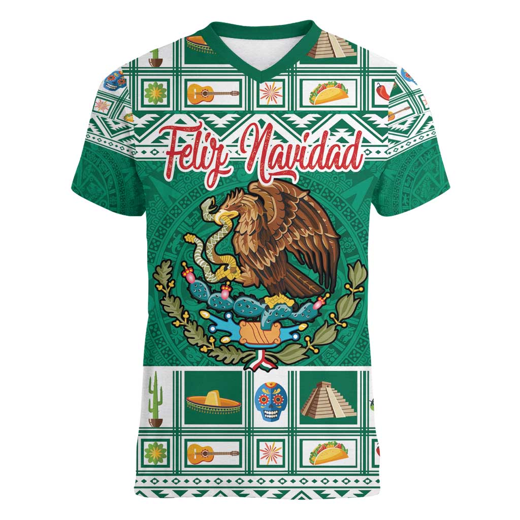 Personalized Mexico Christmas Women V-Neck T-Shirt Coat Of Arms With Aztec Mexican Patterns