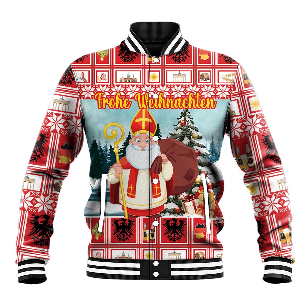 Red plaid Christmas baseball jacket with Santa graphic and black striped ribbed collar