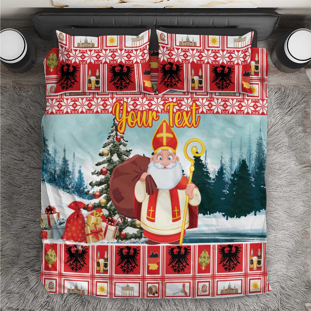 Christmas bedding set featuring Santa, blue pine forest, and red plaid pattern borders