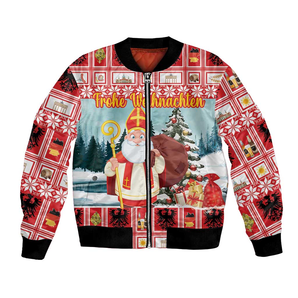 Red Christmas bomber jacket with Santa, tree graphic, and zip front