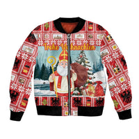Red Christmas bomber jacket with Santa, tree graphic, and zip front