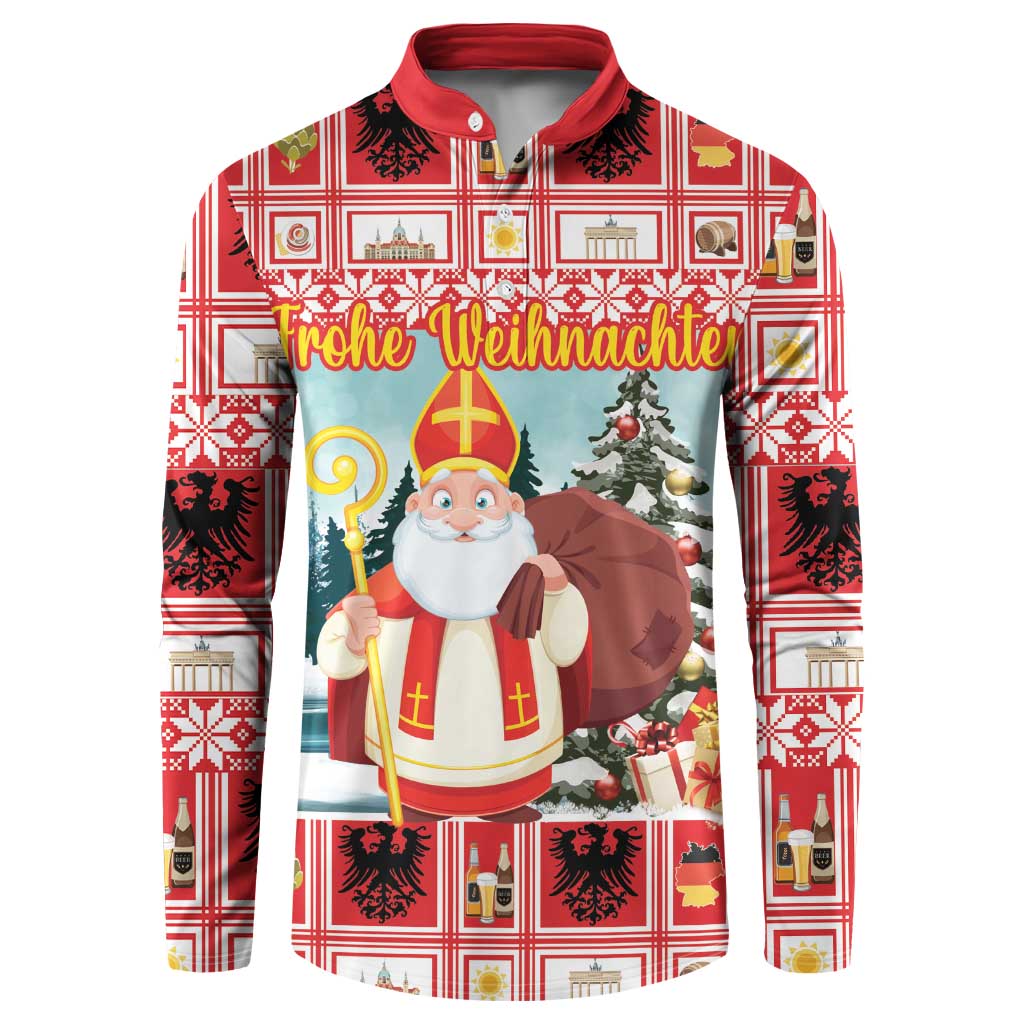 Red holiday button-placket sweatshirt with Saint Nicholas, Christmas tree, and 'Frohe Weihnachten'.