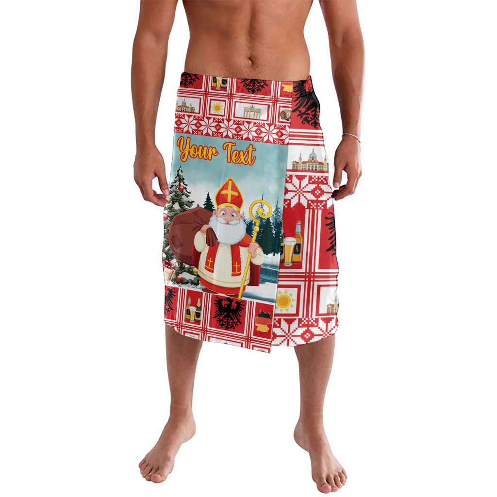 Red Christmas lavalava sarong with Santa, tree graphic and customizable 'Your Text' panel
