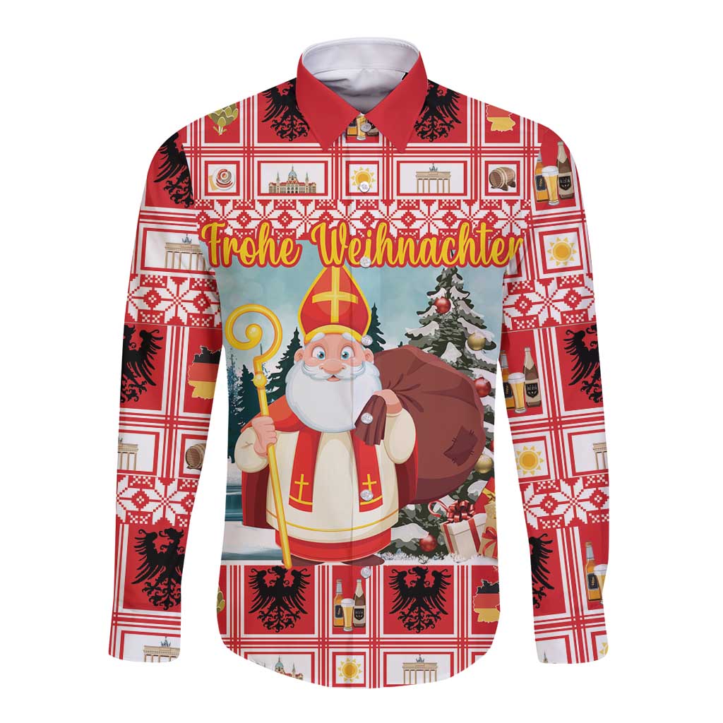 Red plaid long-sleeve button shirt with Saint Nicholas and Christmas tree graphic, Frohe Weihnachten