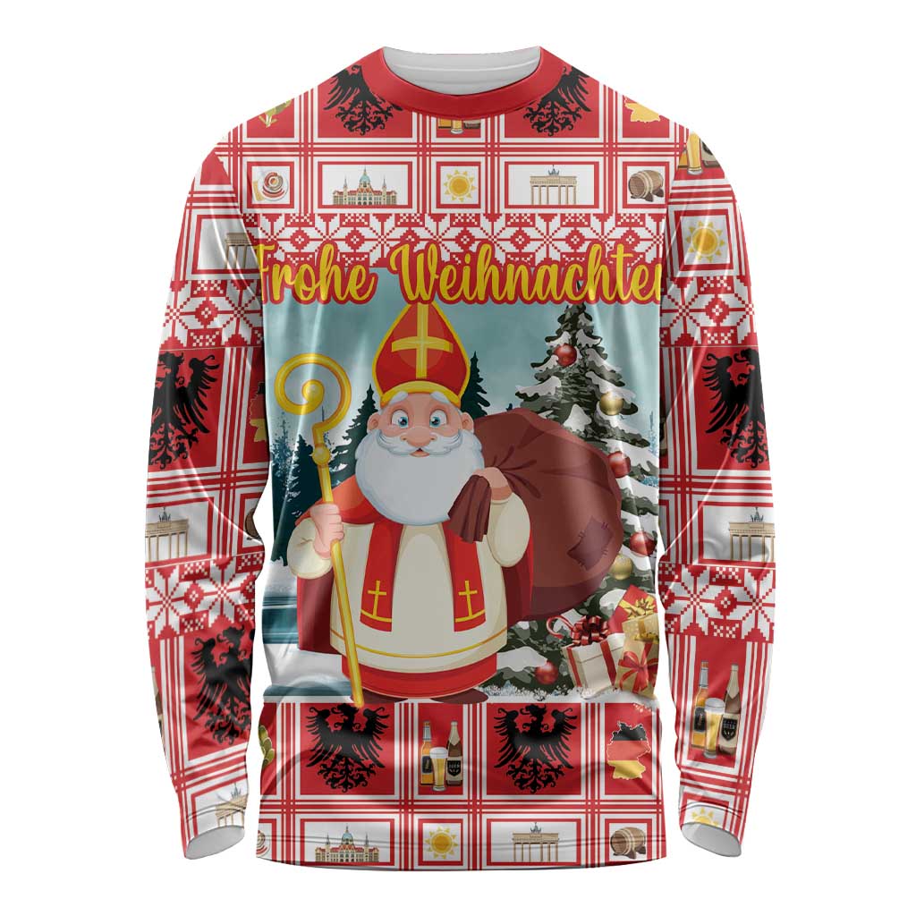 Personalized Germany Frohe Weihnachten Long Sleeve Shirt Cute Saint Nicholas With Christmas Tree - Wonder Print Shop