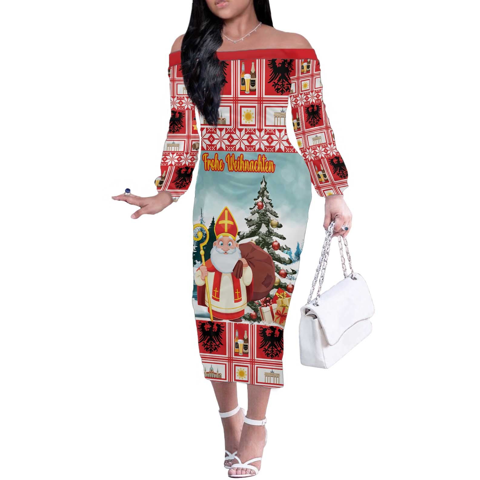 Personalized Germany Frohe Weihnachten Off The Shoulder Long Sleeve Dress Cute Saint Nicholas With Christmas Tree - Wonder Print Shop