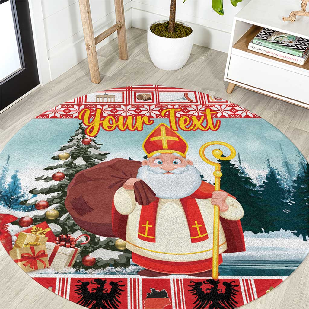 Round Christmas rug featuring Saint Nicholas, red border, teal forest scene and gifts