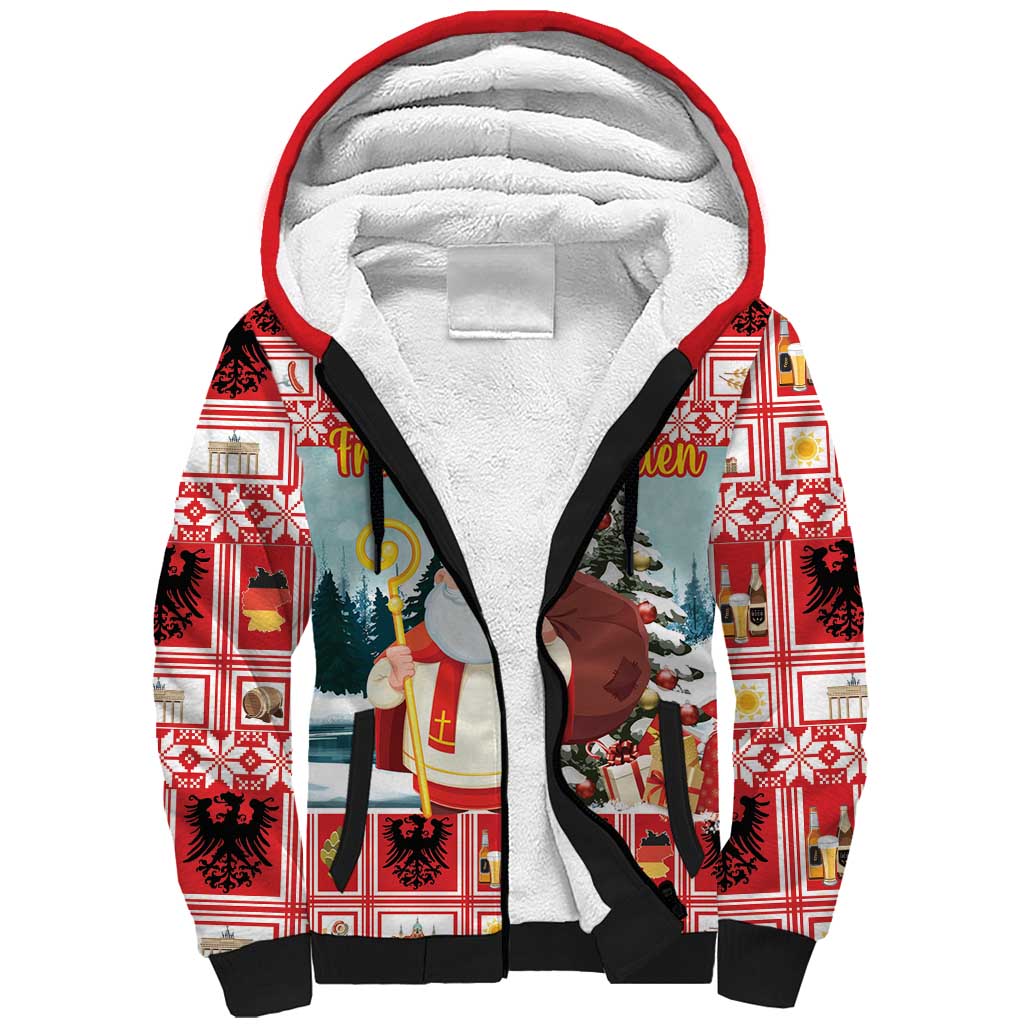 Personalized Germany Frohe Weihnachten Sherpa Hoodie Cute Saint Nicholas With Christmas Tree - Wonder Print Shop