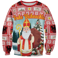 Red crewneck Christmas sweatshirt with Saint Nicholas, German greeting, and tree print