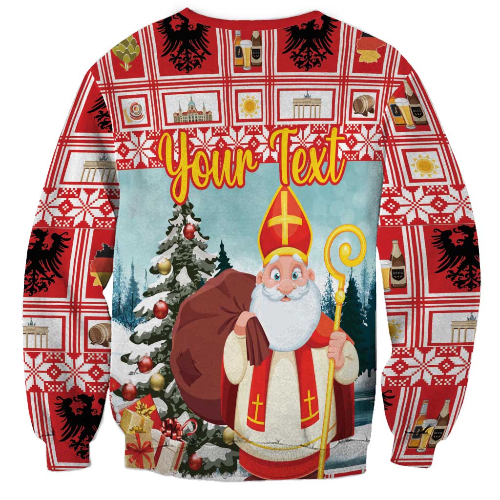 Red crewneck Christmas sweatshirt with Saint Nicholas, Christmas tree, and 'Your Text' banner
