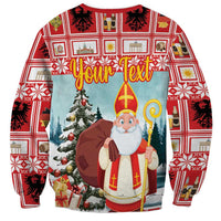 Red crewneck Christmas sweatshirt with Saint Nicholas, Christmas tree, and 'Your Text' banner
