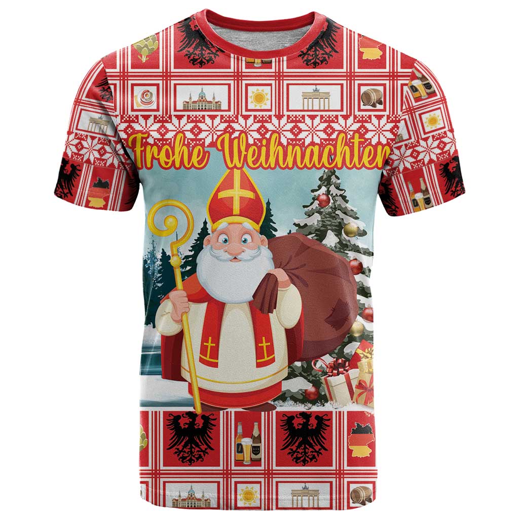 Personalized Germany Frohe Weihnachten T Shirt Cute Saint Nicholas With Christmas Tree - Wonder Print Shop