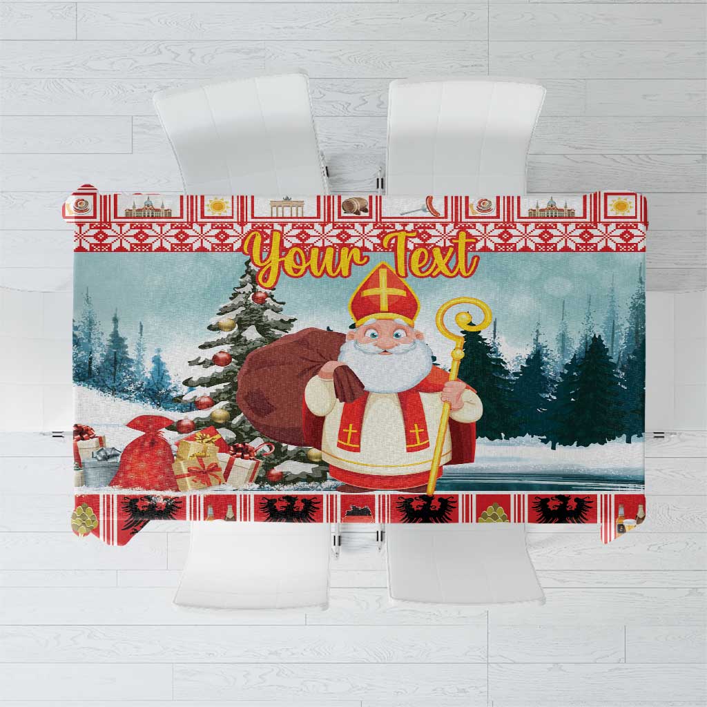 Christmas tablecloth featuring Santa illustration and 'Your Text' banner, draped on table