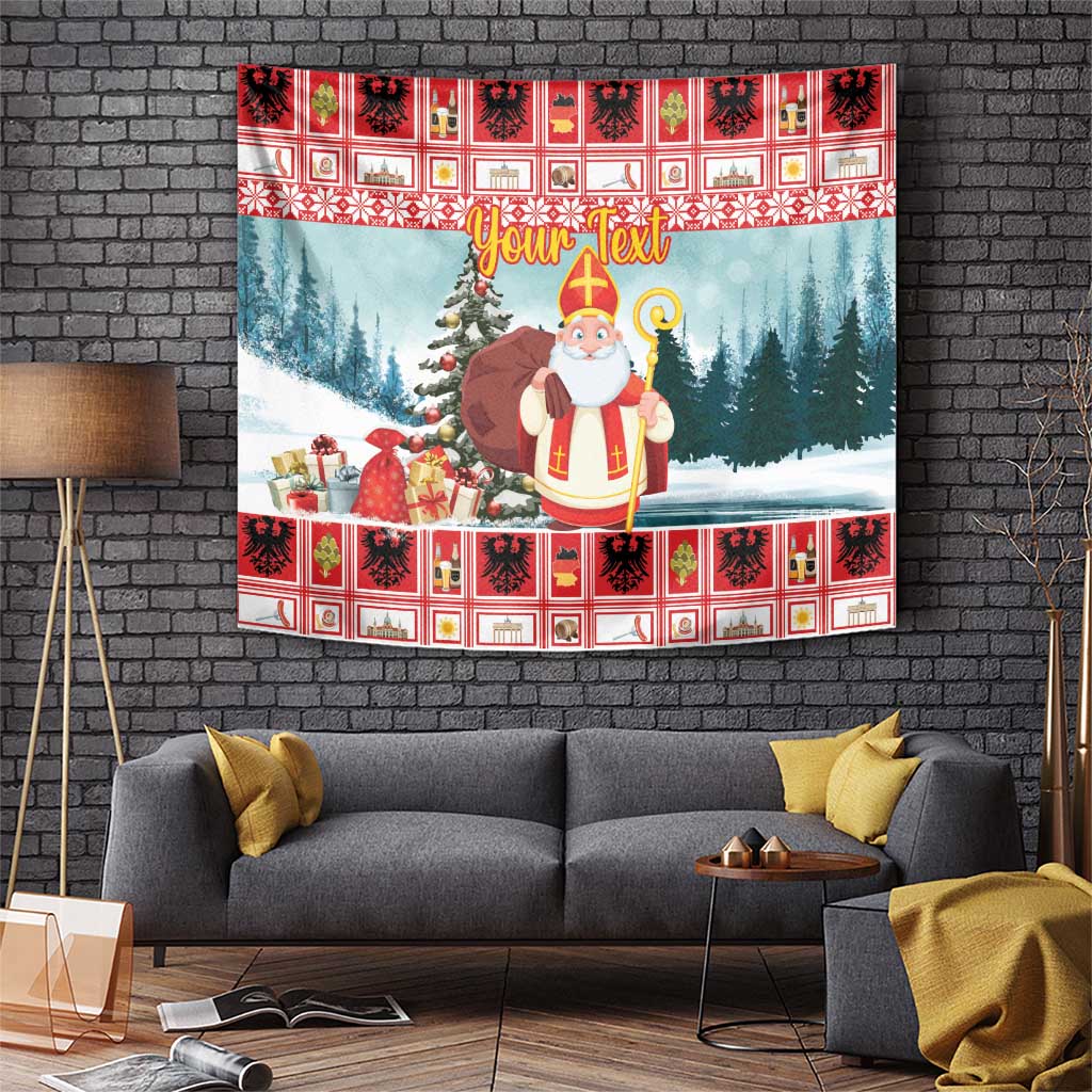 Red-and-white holiday tapestry showing Saint Nicholas holding a staff, gifts, pine trees, “Your Text”.