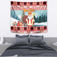 Red holiday tapestry with Saint Nicholas, Christmas tree, snowy pine forest, and “Your Text”.