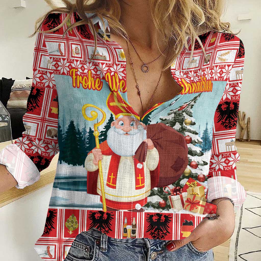 Personalized Germany Frohe Weihnachten Women Casual Shirt Cute Saint Nicholas With Christmas Tree