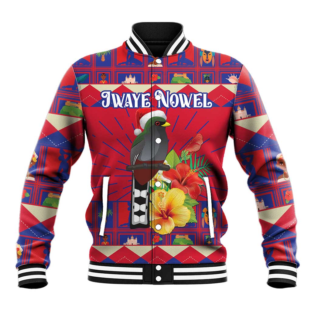 Red baseball jacket with bird graphic, hibiscus flowers, ribbed collar, snap front