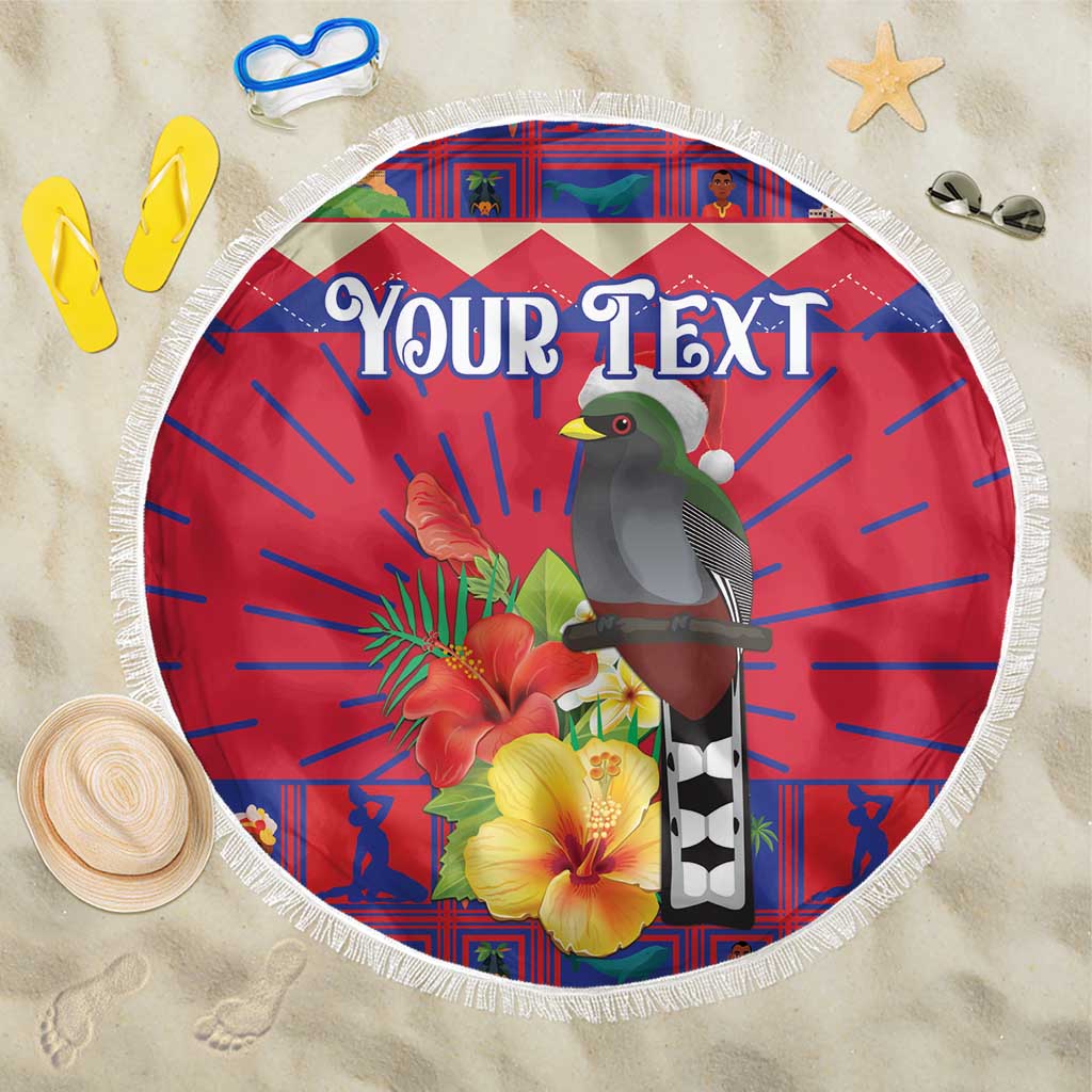 Round red beach blanket with tropical bird and hibiscus, white fringe edge, Your Text