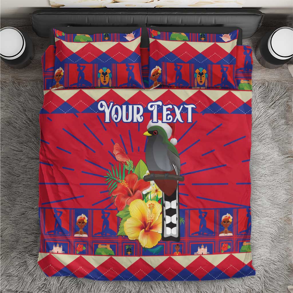 Personalized red bedding set with bird print, hibiscus flowers, and geometric rays