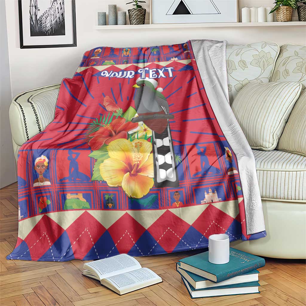 Personalized red blanket on a sofa with toucan, hibiscus flowers, and “Your Text”