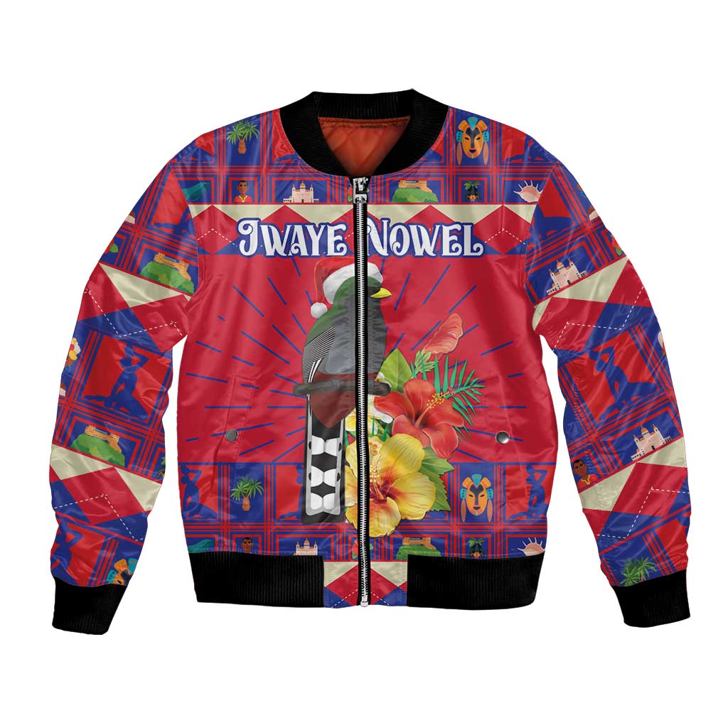 Red bomber jacket with full-zip front, black ribbed trim, bird and hibiscus graphic