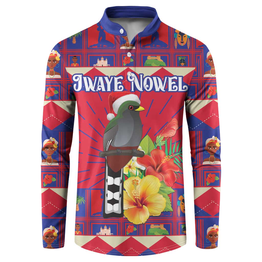Red button sweatshirt with blue collar, green bird and hibiscus flowers graphic