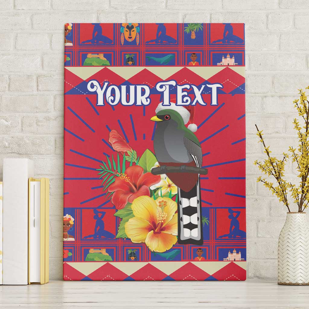 Personalized red canvas wall art with trogon bird, hibiscus flowers, and custom text
