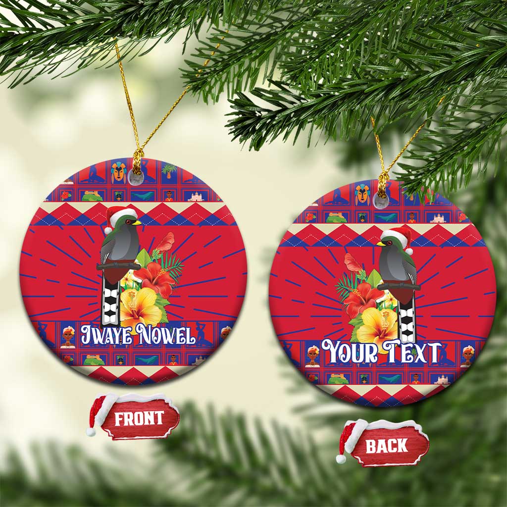 Red round ceramic ornament with black-and-white bird, hibiscus flowers, and festive text