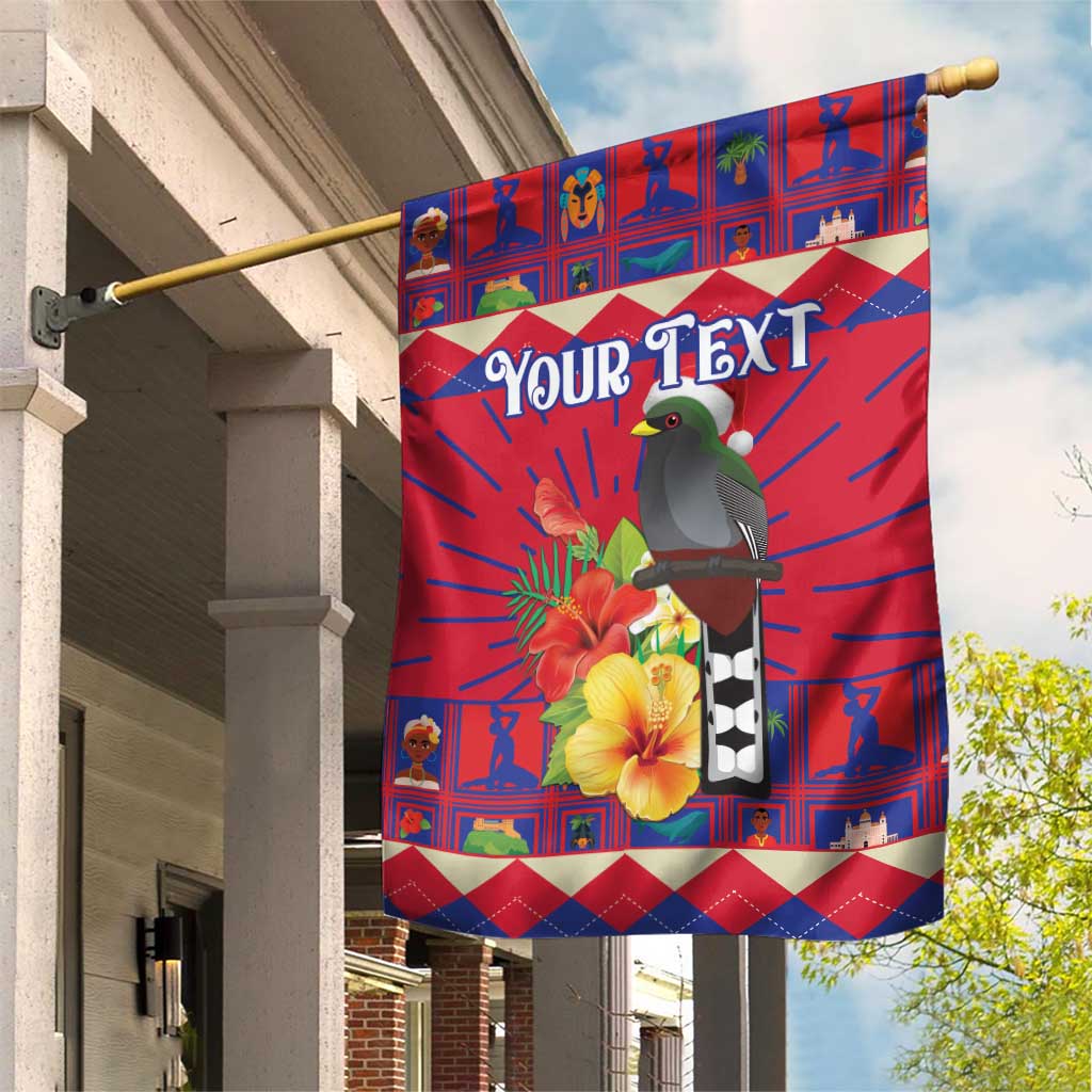 Red garden flag with gray bird, hibiscus flowers, and 'Your Text' banner