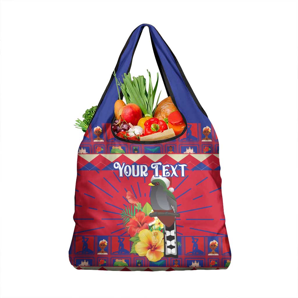Red grocery tote bag with blue handles, hibiscus flowers and bird graphic, custom text area