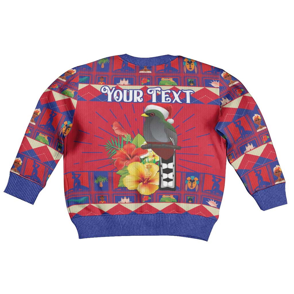 Kids ugly Christmas sweater, red with blue trim, bird and flower graphic on front
