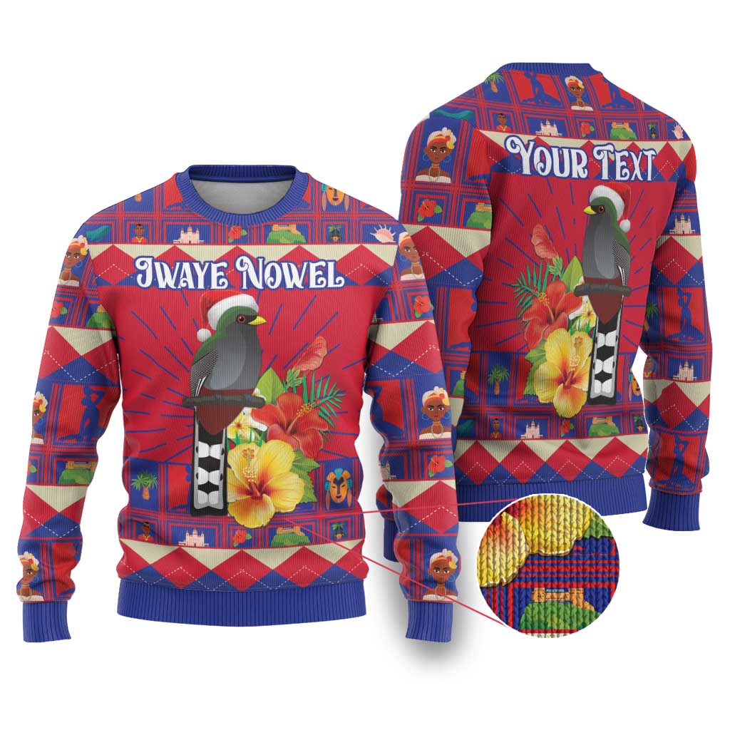 Red ugly Christmas sweater with gray bird, hibiscus flowers, and Your Text graphic