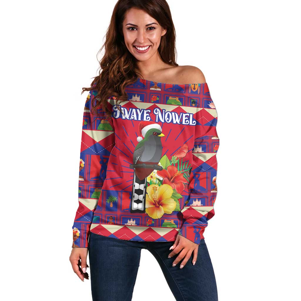 Women’s off-shoulder sweater with colorful red blue pattern, bird and hibiscus flowers