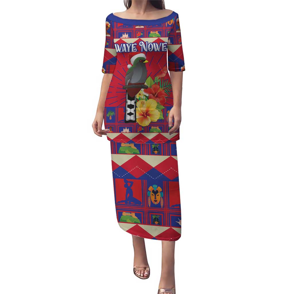 Red long dress with short sleeves, round neckline, colorful bird and hibiscus print