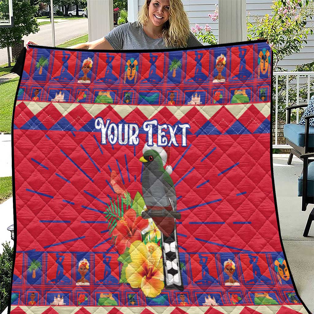 Red and blue quilt blanket with bird, hibiscus blooms, and 'Your Text' headline.