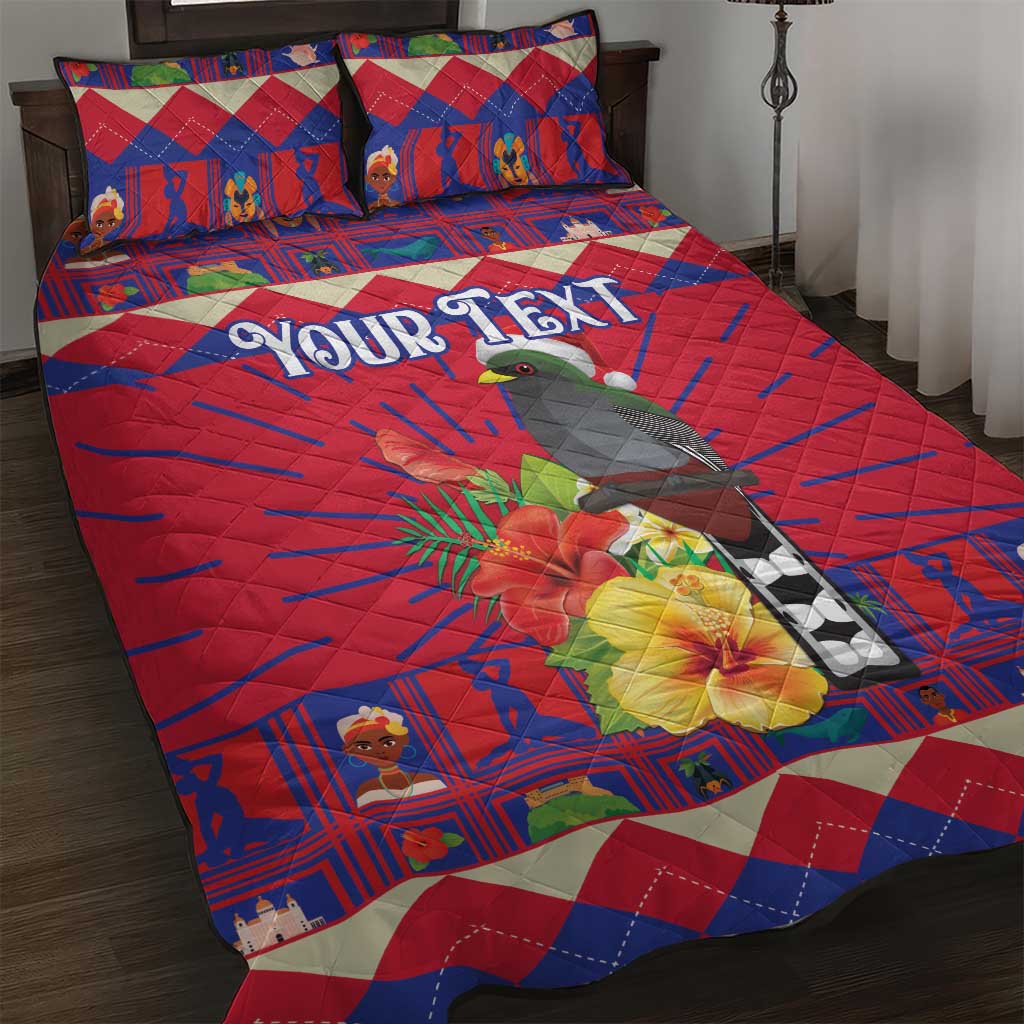 Red quilt bed set with hibiscus flowers and gray bird, plus 2 matching pillow covers