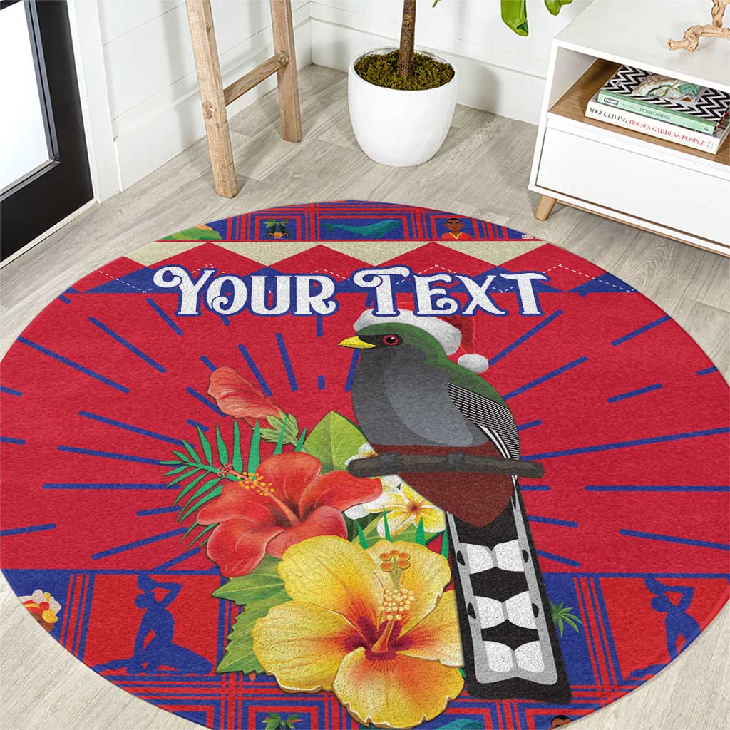 Personalized round rug: red-blue tropical bird and hibiscus flower design with text